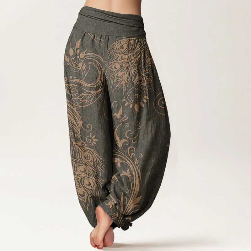 Buddha Stones Cotton Casual Peacock Design Women's Elastic Waist Harem Pants