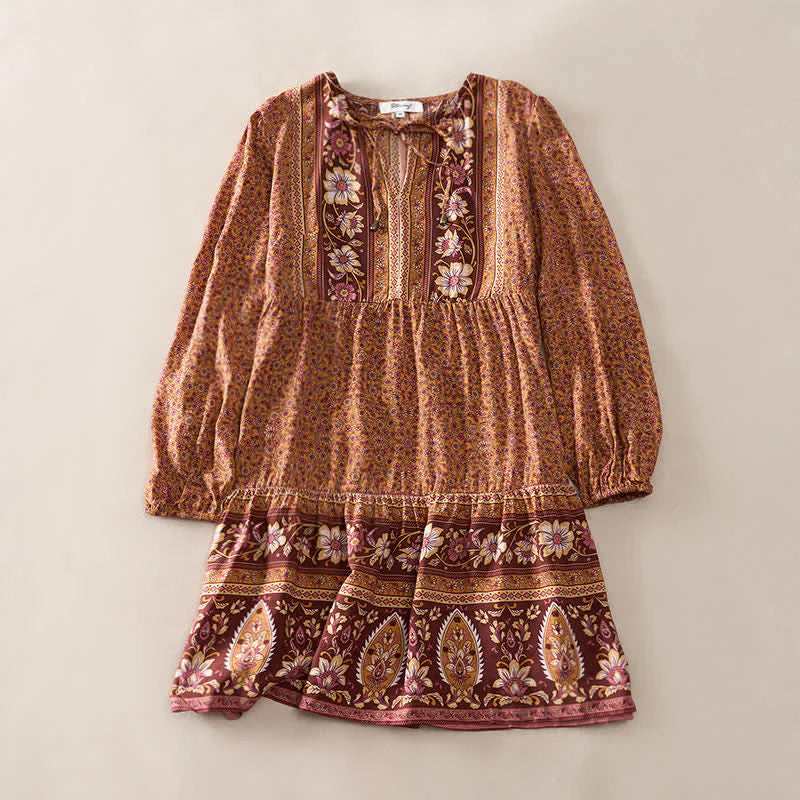 Buddha Stones Fall Boho Floral Paisley Cotton Bracelet Sleeve Women's Mini Dress with Puff Sleeves and Tie Neck