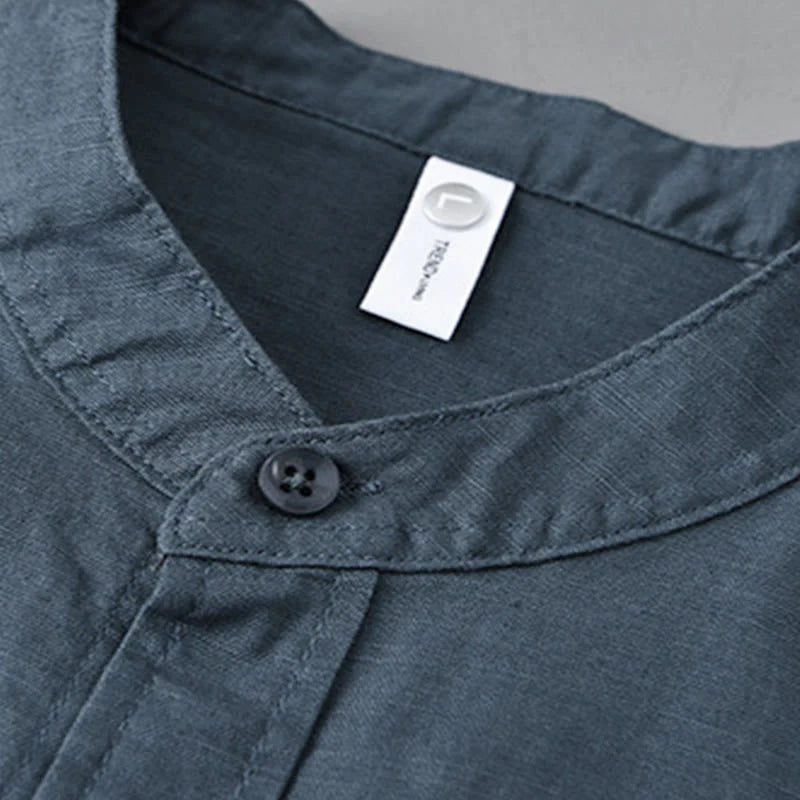 Buddha Stones Men's Long Sleeve Stand Collar With Pocket Pure Color Casual Cotton Linen Shirt