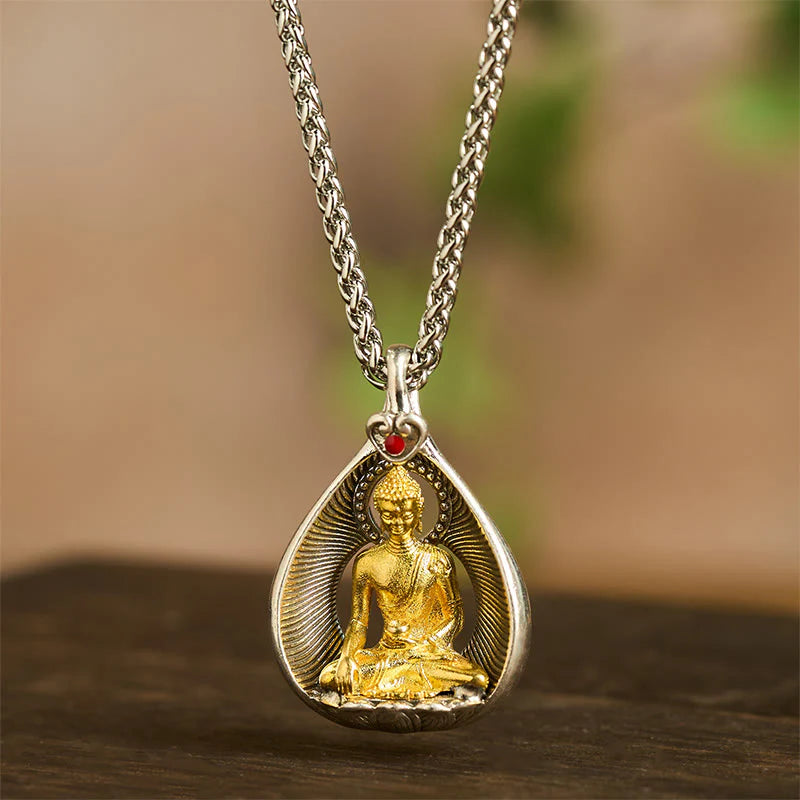 Buddha Stones Green Tara Shakyamuni Buddha Copper Plated Silver Curb Chain Luck Pendant Necklace