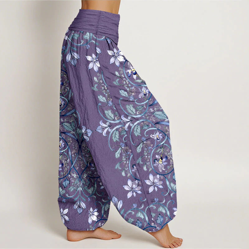 Buddha Stones Cotton Symmetrical Flower Vines Leaves Pattern Women's Elastic Waist Harem Pants