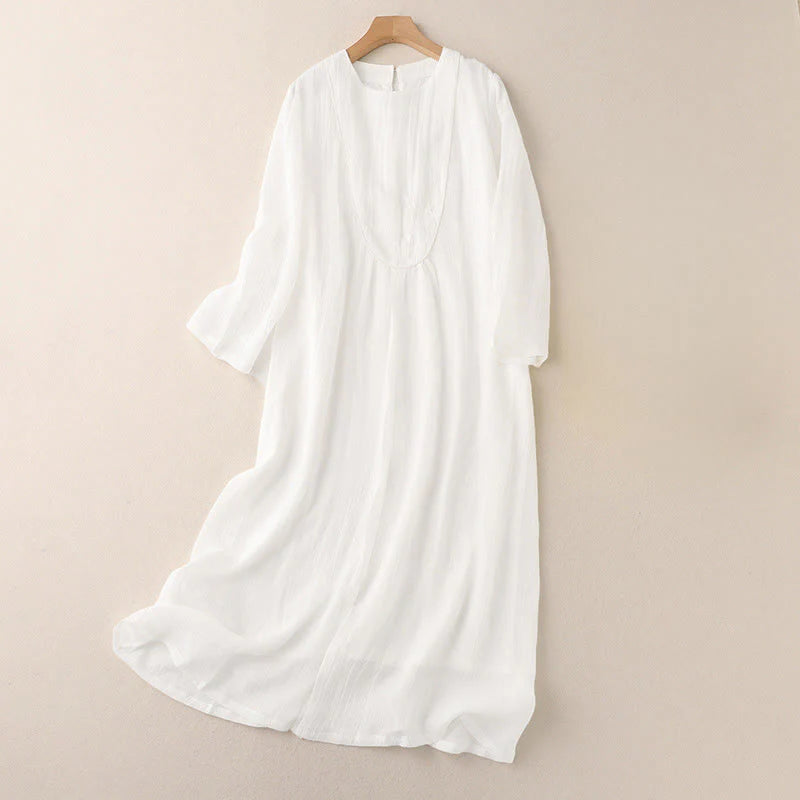 Buddha Stones Commute Solid Color Embroidery Double Layer Crew Neck Long Sleeve Cotton Midi Dress