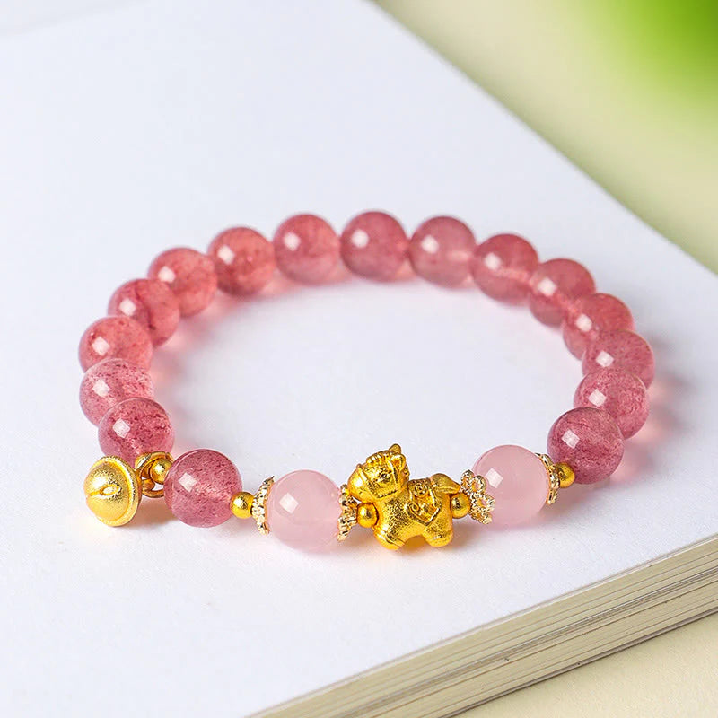 Buddha Stones Year Of The Horse 8mm Citrine Pink Crystal Strawberry Quartz Protection Bracelet