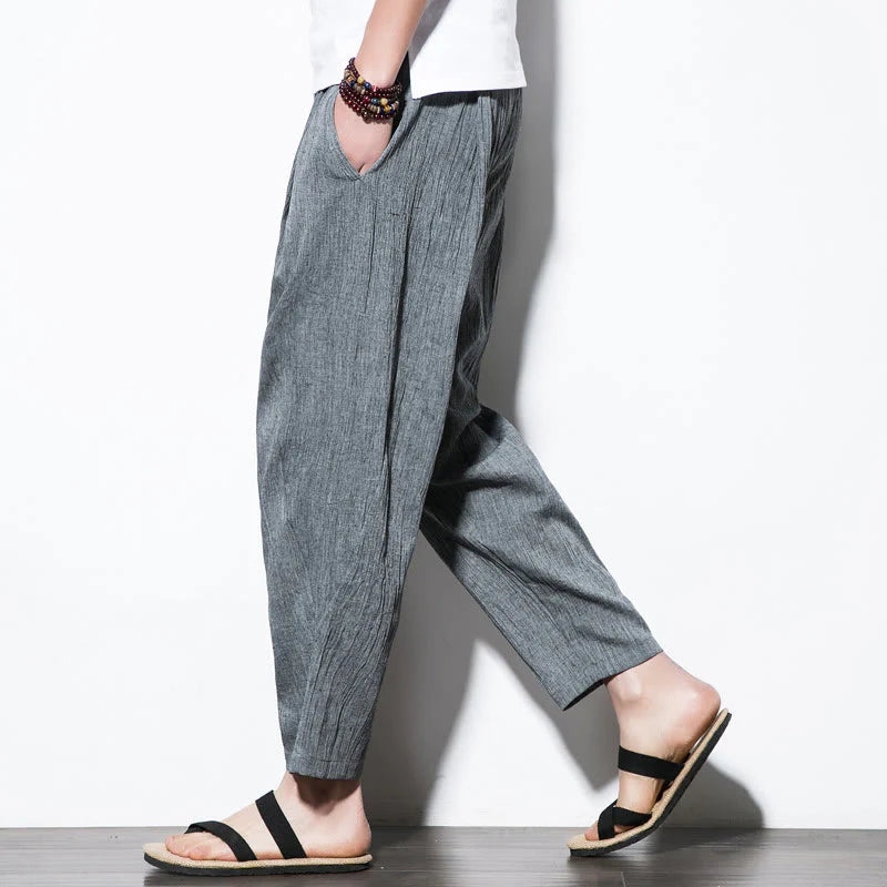 Buddha Stones Casual Plain Pleated Design Drawstring Men's Long Cotton Linen Harem Pants With Pockets
