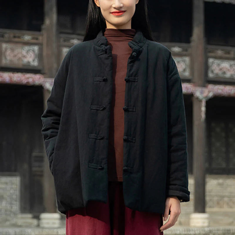 Buddha Stones Winter Solid Frog-Button Long Sleeve Cotton Women's Thermal Jacket With Pockets
