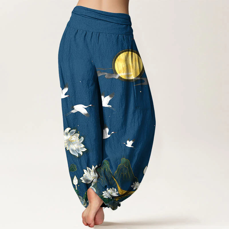 Buddha Stones Pure Cotton Crane Blooming Lotus Moon Mountain Women's Elastic Waist Harem Pants