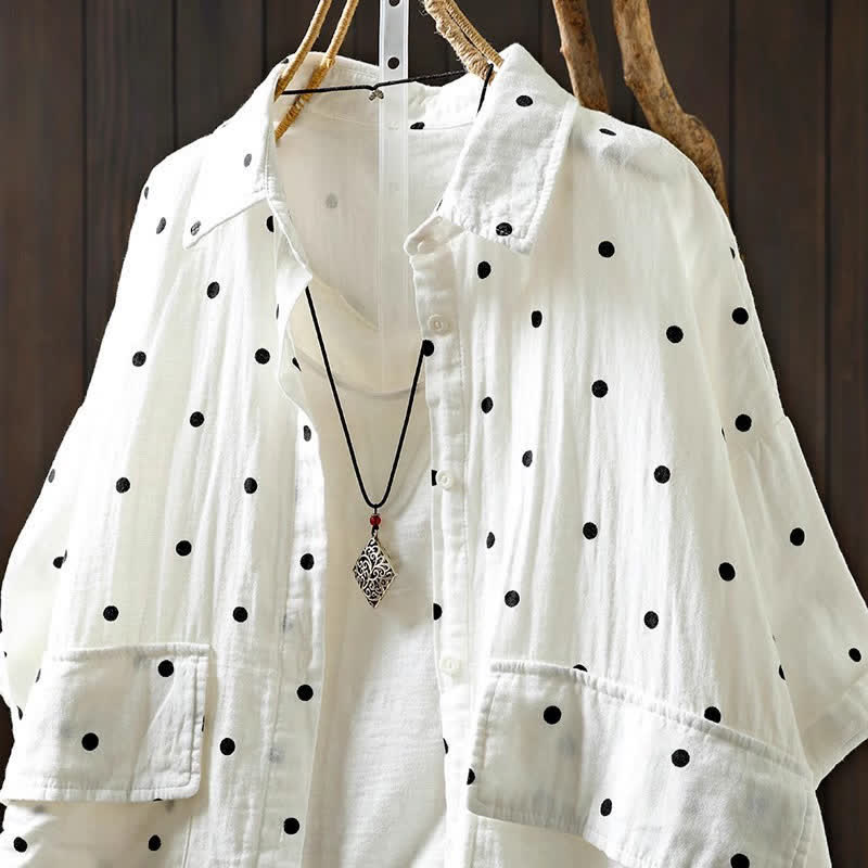 Buddha Stones Women's Commute Short Sleeve Polka Dot Lapel Cotton Shirt With Pockets