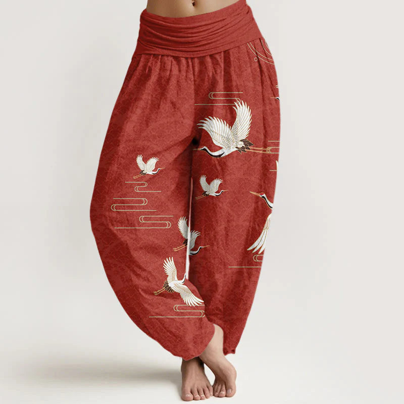 Buddha Stones Print Cranes Wave Pattern Women's Elastic Waist Harem Pure Cotton Pants