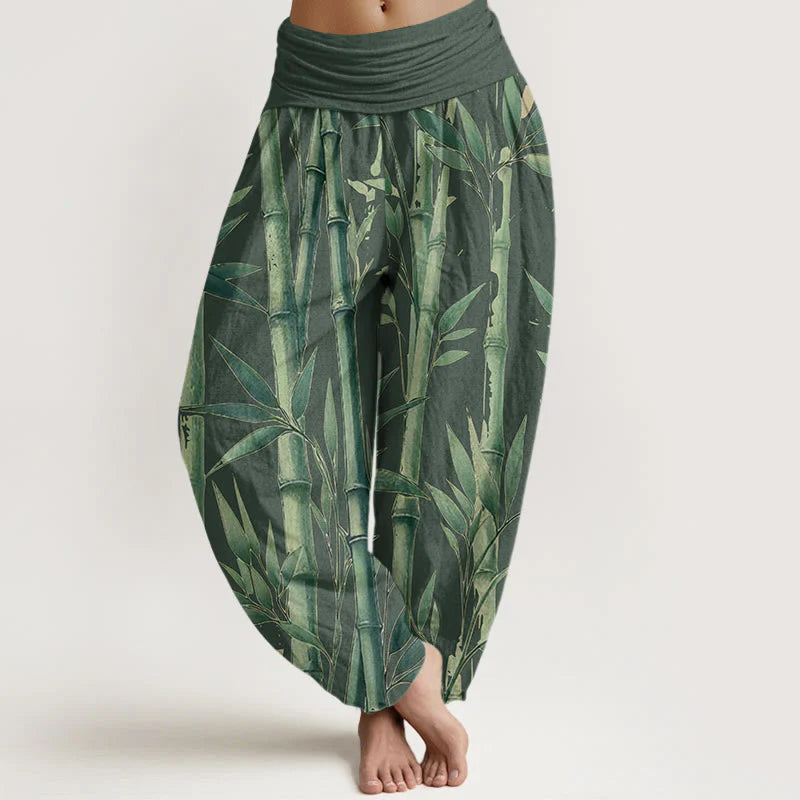 Buddha Stones Cotton Casual Bamboo Leaves Pattern Women's Elastic Waist Harem Pants