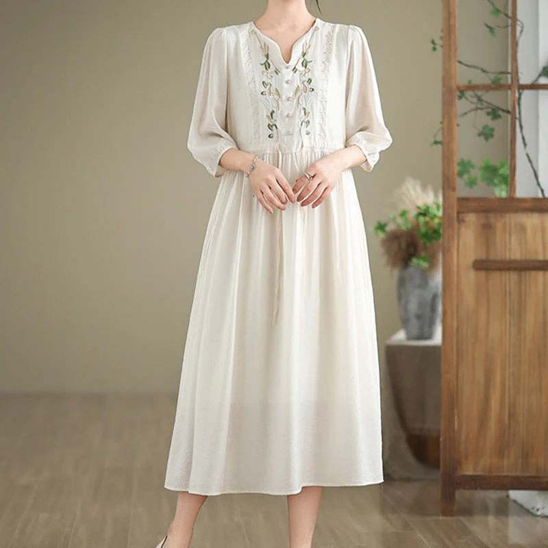 Buddha Stones Spring Floral Embroidery V Neck Tie Waist Elbow-Length Sleeve Women's Dress With Pockets