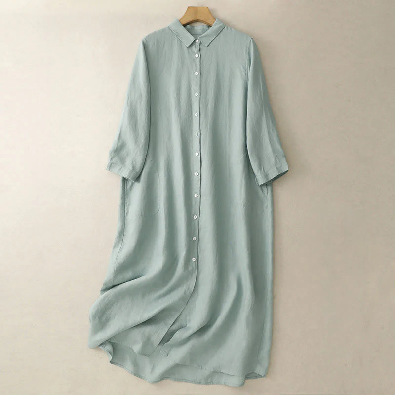 Buddha Stones Fall Commute Plain Buttons Design Long Sleeve Cotton Midi Dress With Pockets