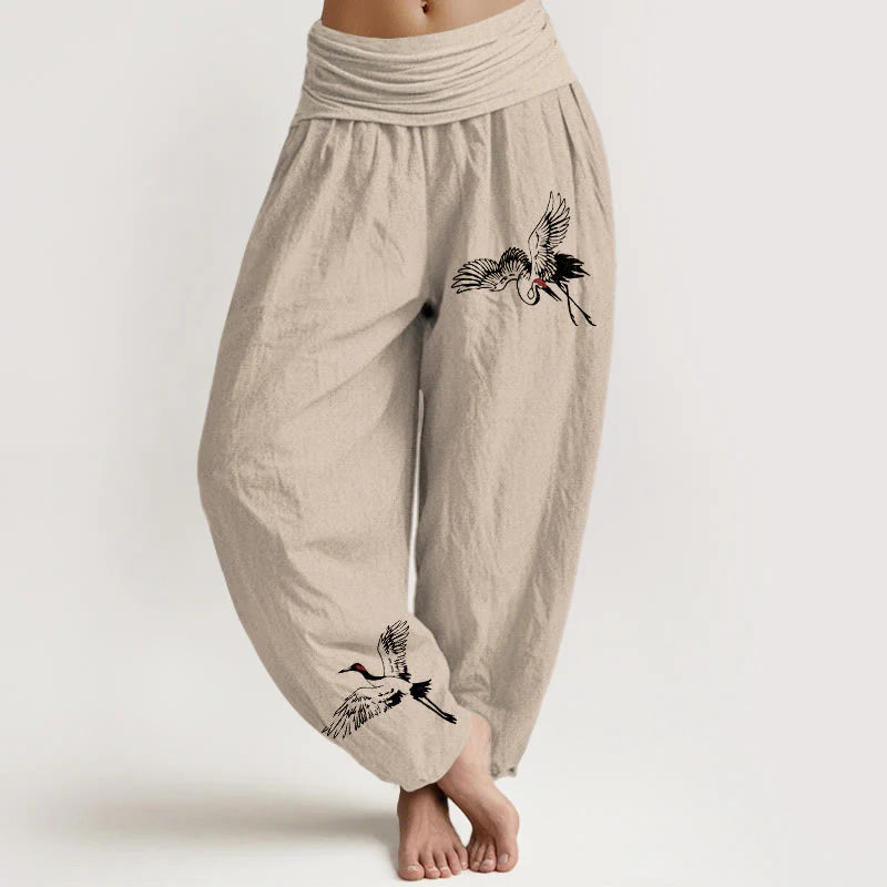 Buddha Stones Flying Red-crowned Cranes Pattern Women's Elastic Waist Harem Cotton Pants