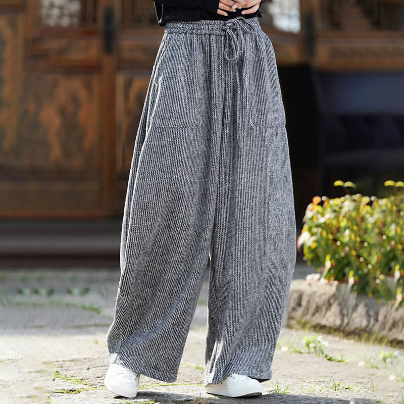 Buddha Stones Winter Men's Pure Color Drawstring Design Cotton High Waist Pants With Pockets