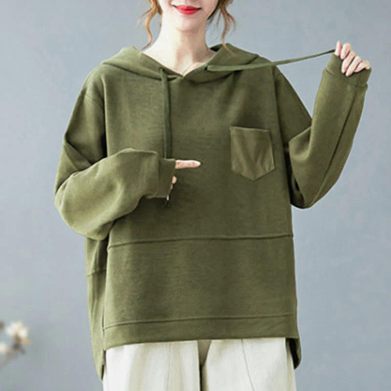 Buddha Stones Fall Solid Color Decorative Pocket Cotton Long Sleeve Women's Hoodie