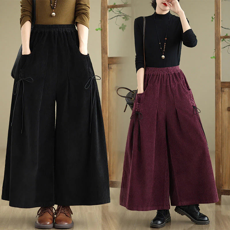 Buddha Stones Women's Pure Color Drawstring Design Wide Leg Corduroy Pants With Pockets