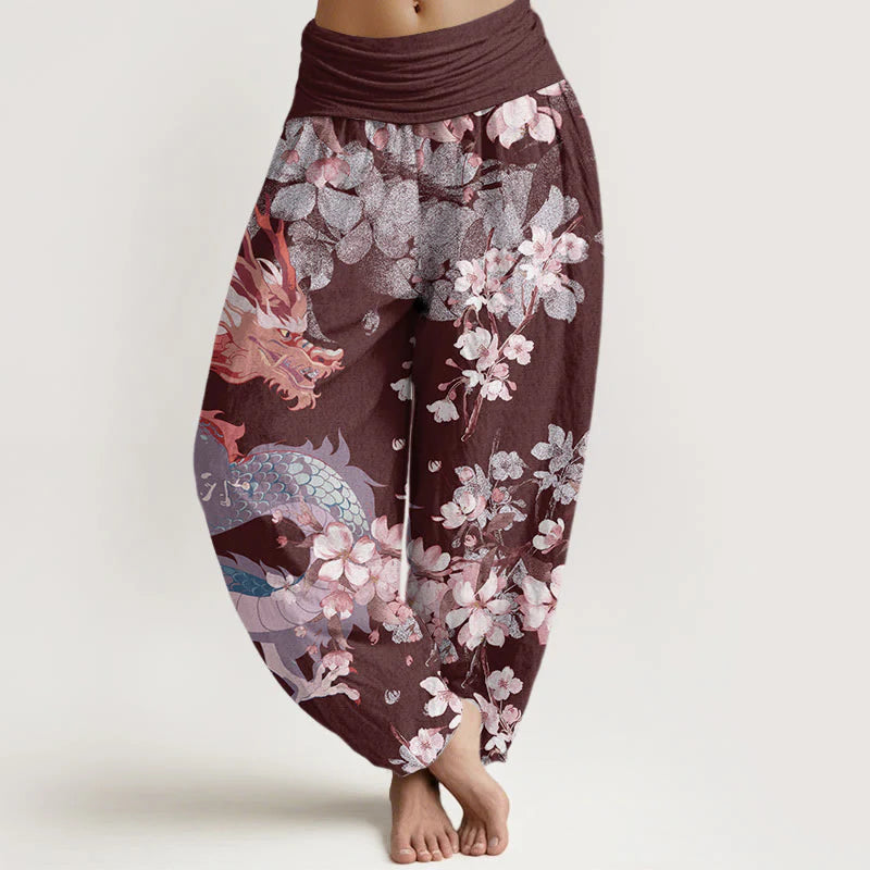 Buddha Stones Cotton Casual Dragon Cherry Blossoms Women's Elastic Waist Harem Pants