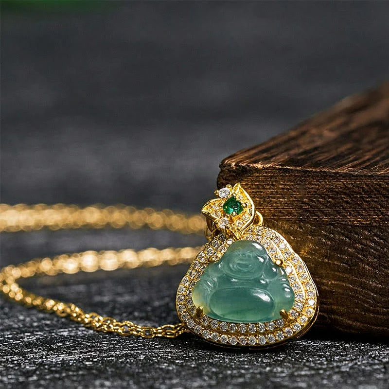 Buddha Stones Jade Laughing Buddha Prosperity Luck Necklace Pendant