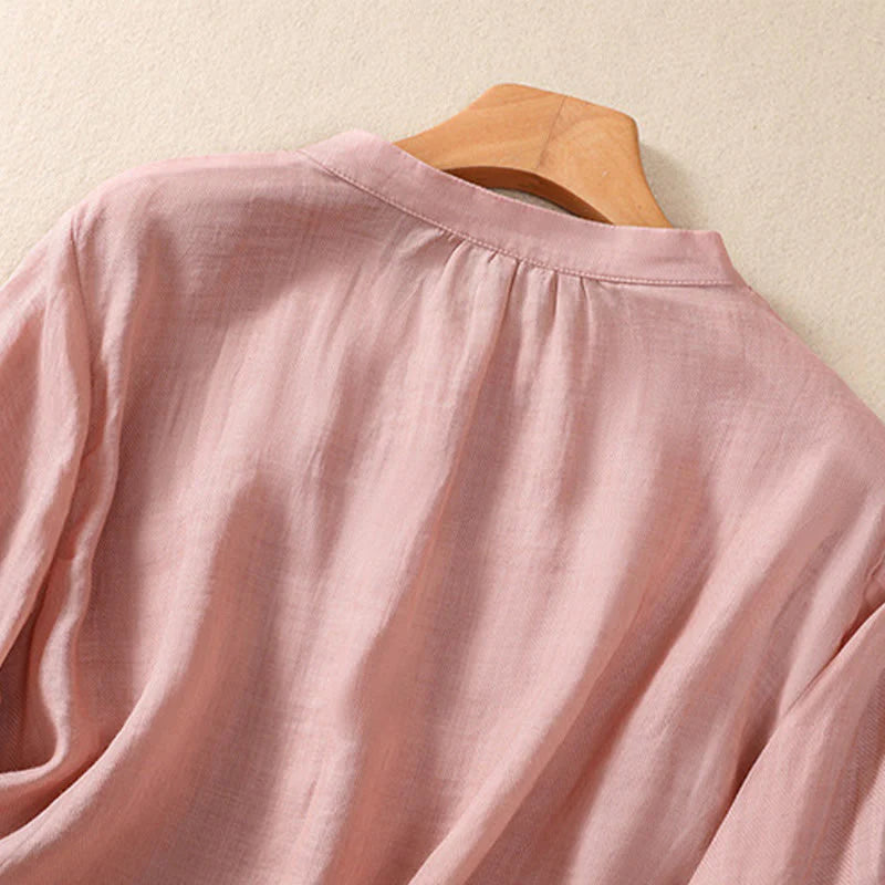 Buddha Stones Casual Daily Plain Button Ruffled Design Stand Collar Women's Cotton Linen Three Quarter Sleeve Shirt Cardigan
