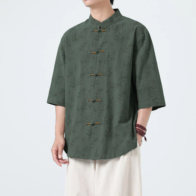 Buddha Stones Summer Bamboo Leaves Pattern Chinese Frog-Button Cotton Linen Short Sleeve Men's Shirt