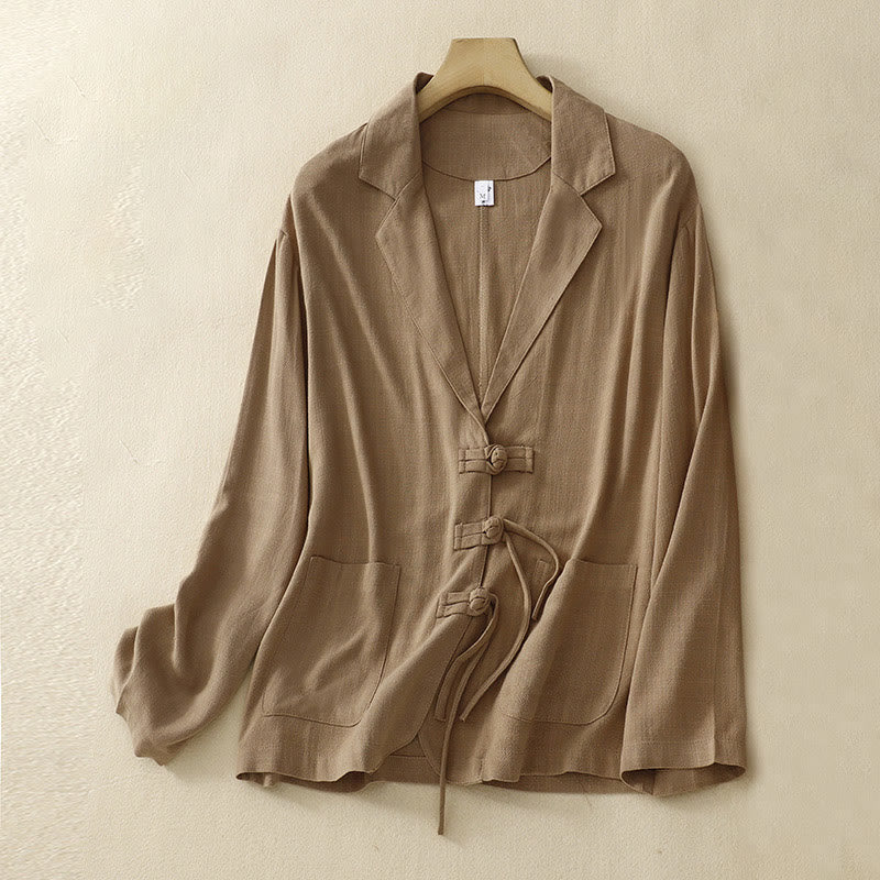 Buddha Stones Women's Cotton Linen Frog-Button Long Sleeve Jacket With Pockets