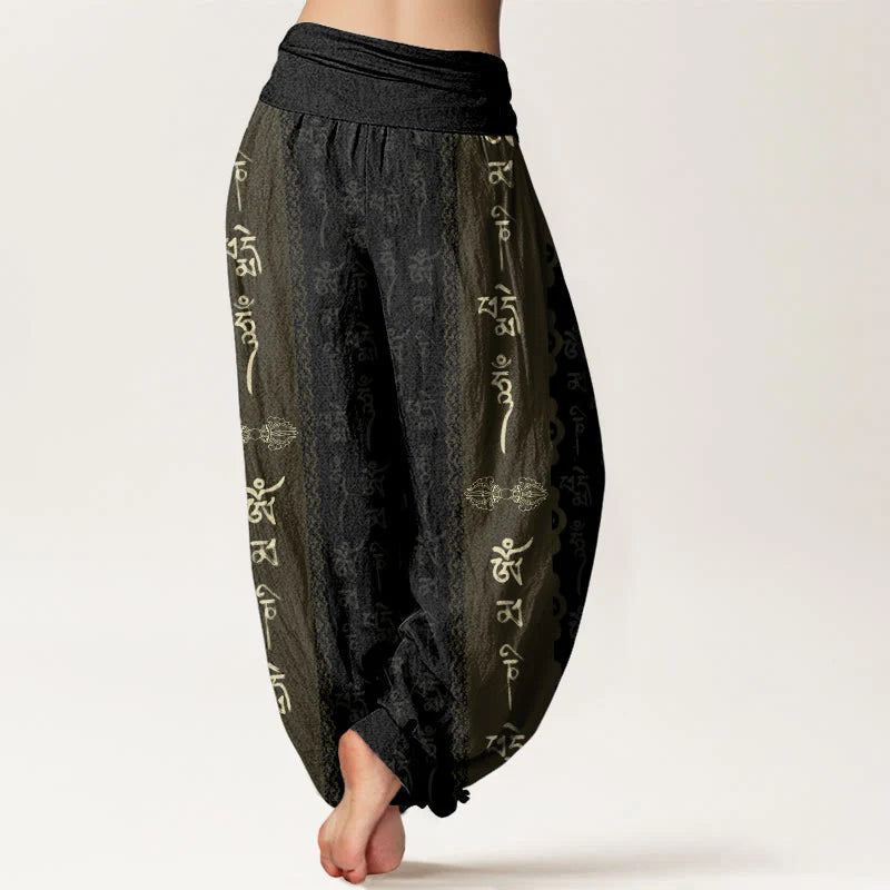 Buddha Stones Cotton Om Mani Padme Hum Pattern Women's Elastic Waist Harem Pants