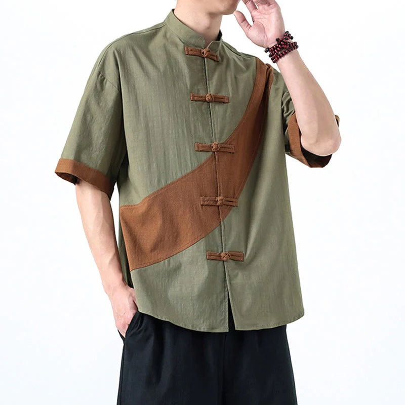 Buddha Stones Spring Color Contrast Chinese Frog-Button Design Men's Half Sleeve Cotton Linen Shirt