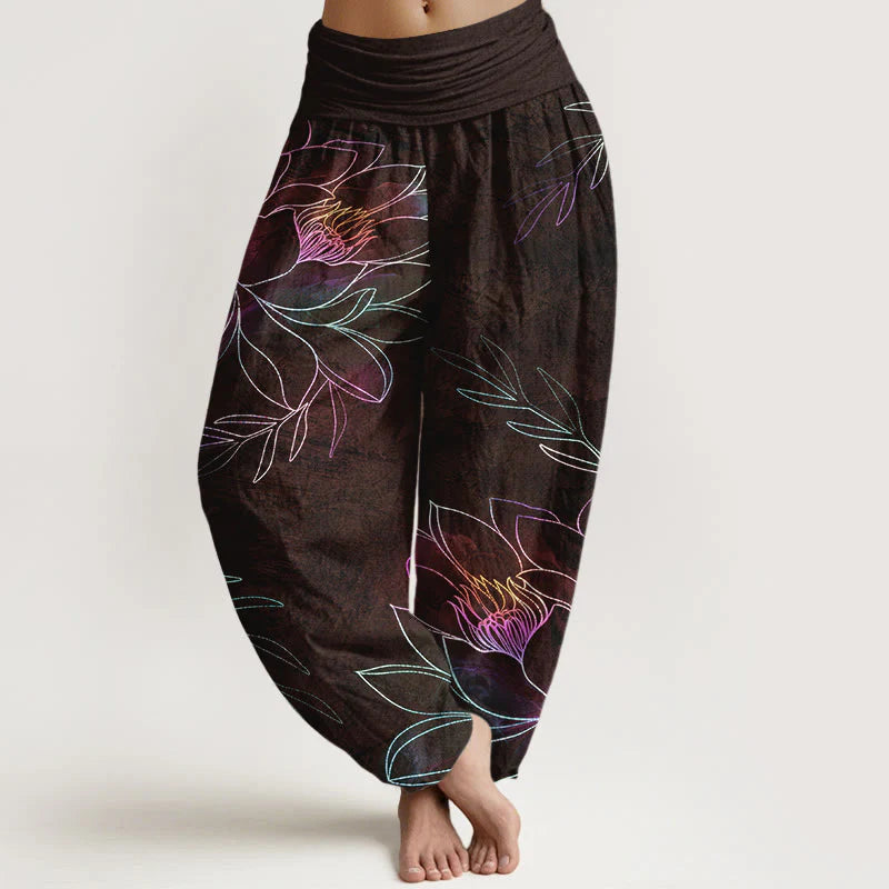 Buddha Stones Cotton Neon Lotus Branches Pattern Women's Elastic Waist Harem Pants