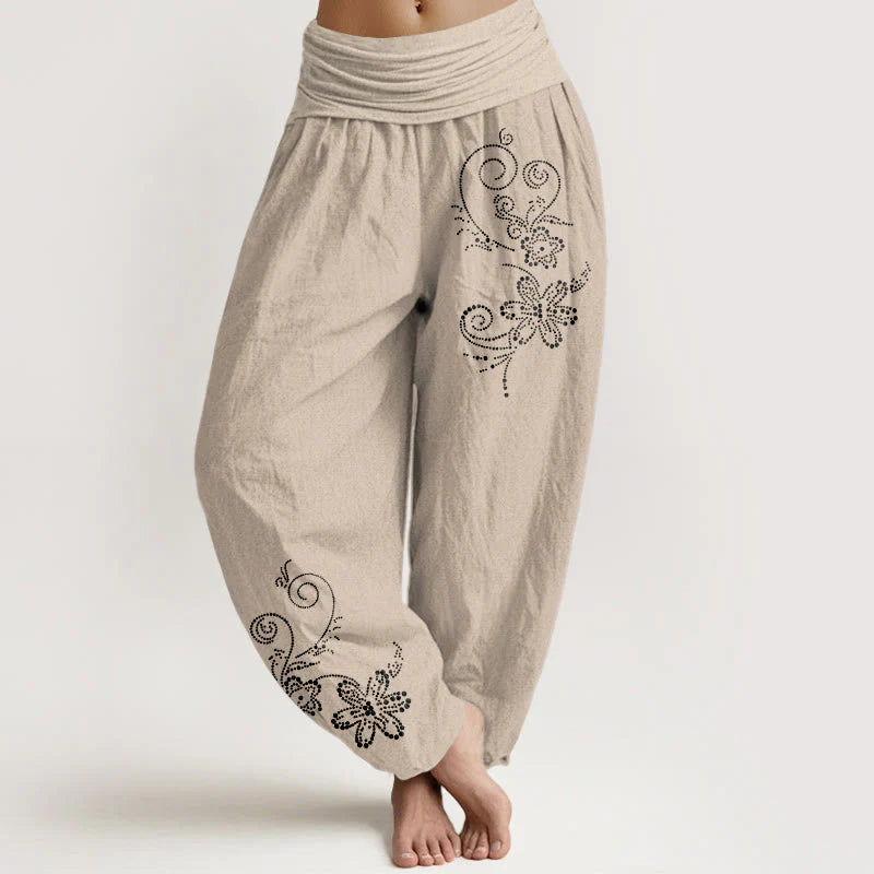 Buddha Stones Pure Cotton Composed Of Dots Vine Flower Pattern Women's Elastic Waist Harem Pants