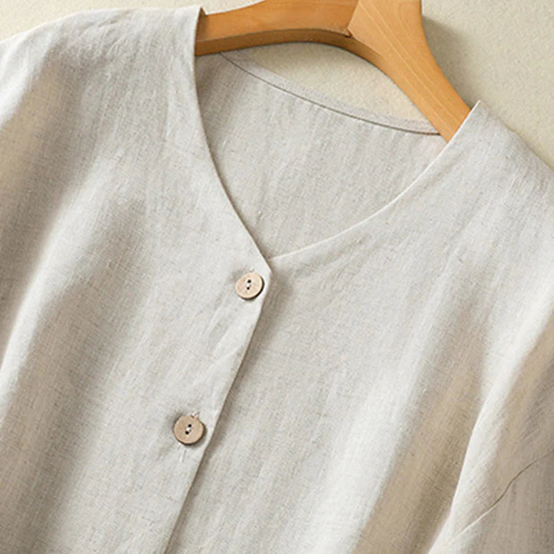 Buddha Stones Spring Plain Buttons Design V-Neck Long Sleeve Women's Cotton Linen Shirt