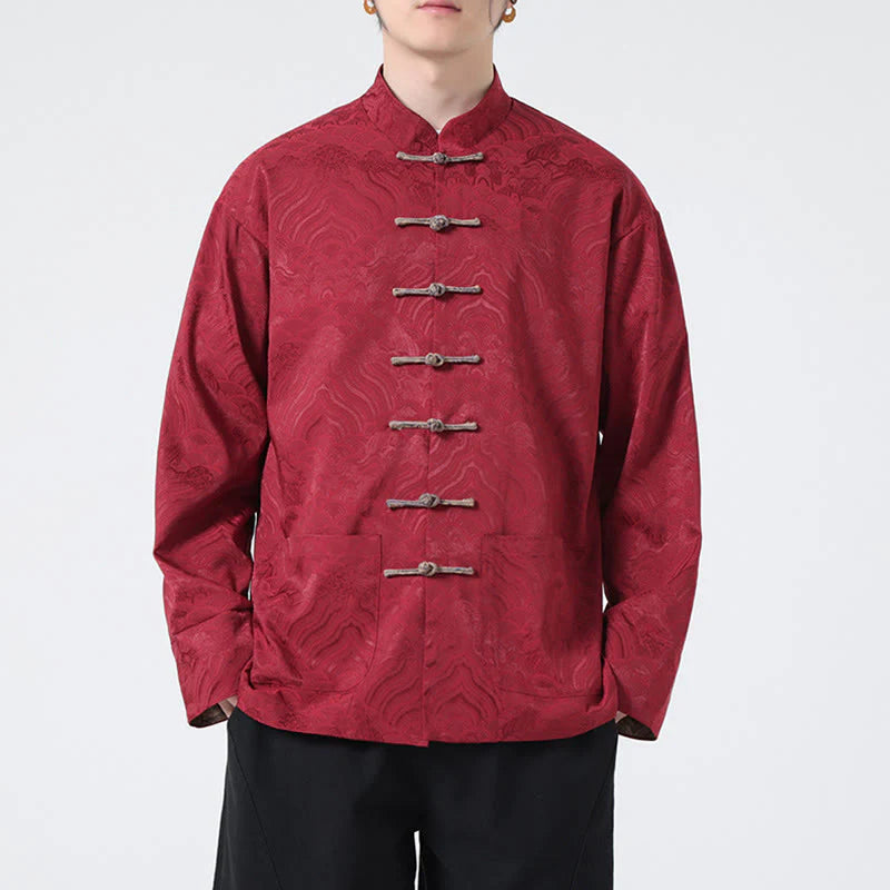 Buddha Stones Frog-Button Mountain Wave Pattern Long Sleeve Men's Cotton Jacket With Pockets