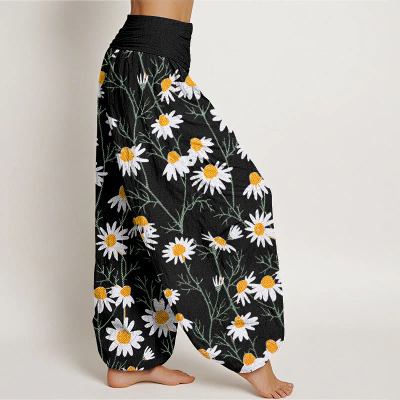 Buddha Stones Cotton White Petals Daisy Pattern Women's Elastic Waist Harem Pants