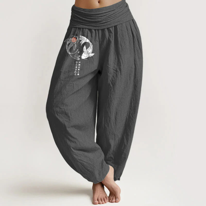 Buddha Stones Pure Cotton Koi Fish Pattern Women's Elastic Waist Harem Pants