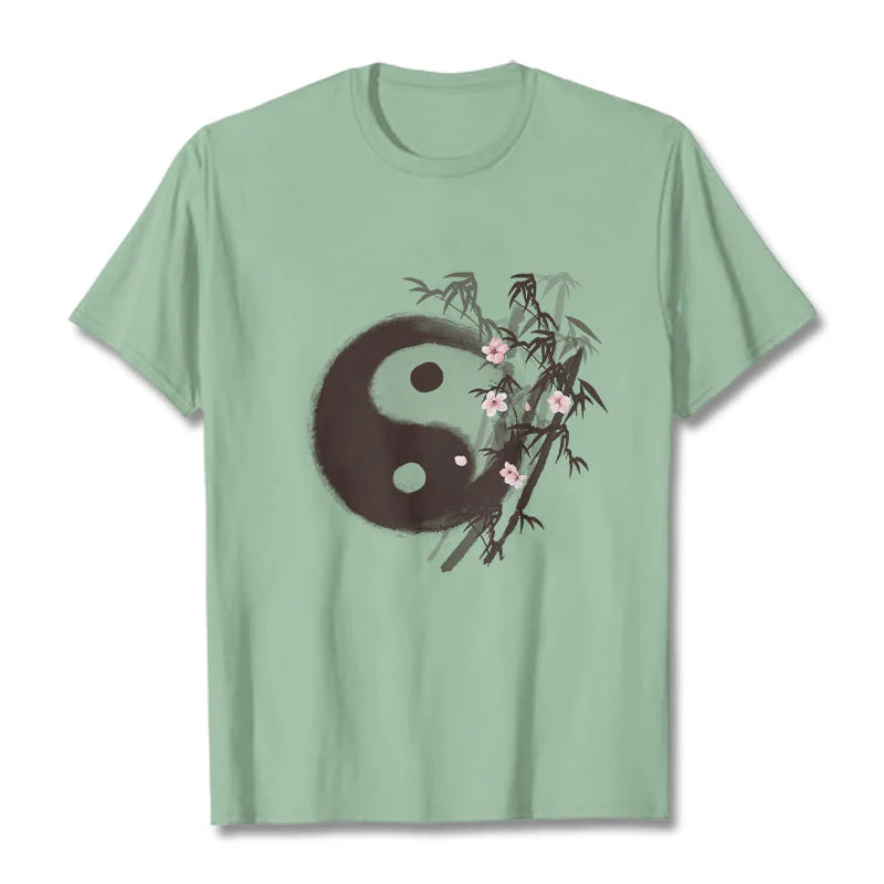 Buddha Stones Yin Yang Bamboo Cherry Blossom Pattern Tee T-shirt
