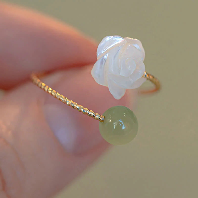 Buddha Stones 14K Gold Plated Tridacna Stone Rose Flower Jade Bead Blessing Ring