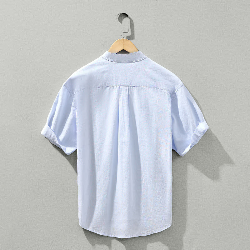 Buddha Stones Summer Solid Men's Half Button Short Sleeve Cotton Shirt