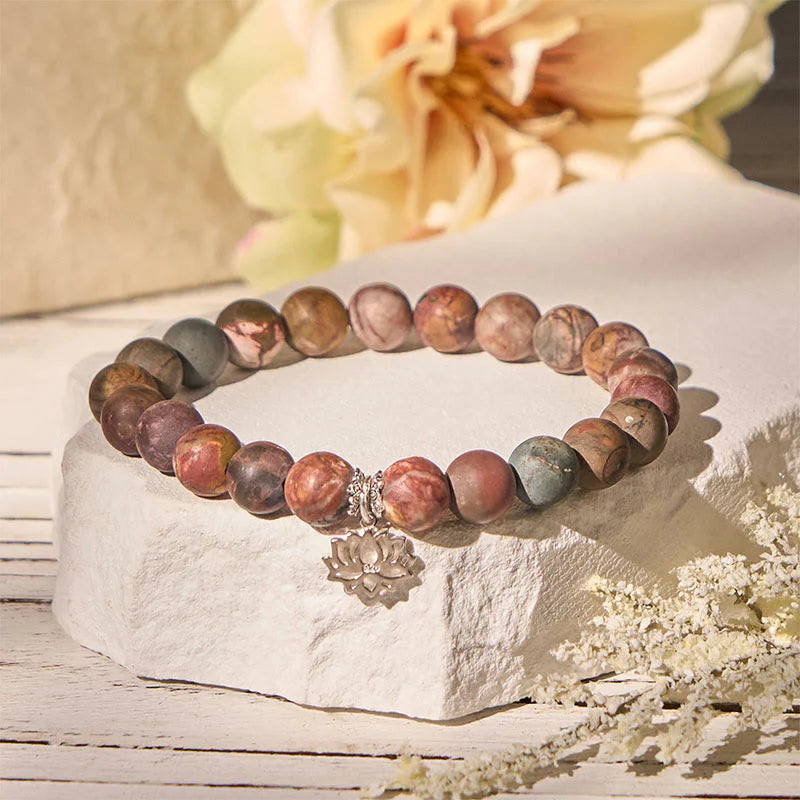 Buddha Stones 925 Sterling Silver Lotus Design Picasso Jasper Positive Bracelet