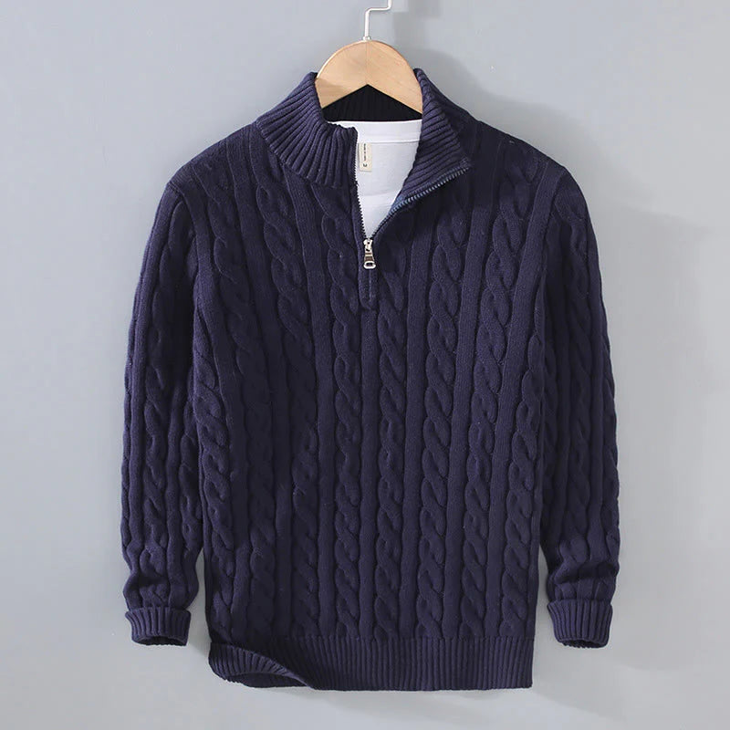 Buddha Stones Winter Textured High Neck Zipper Design Men's Long Sleeve Cotton Sweater