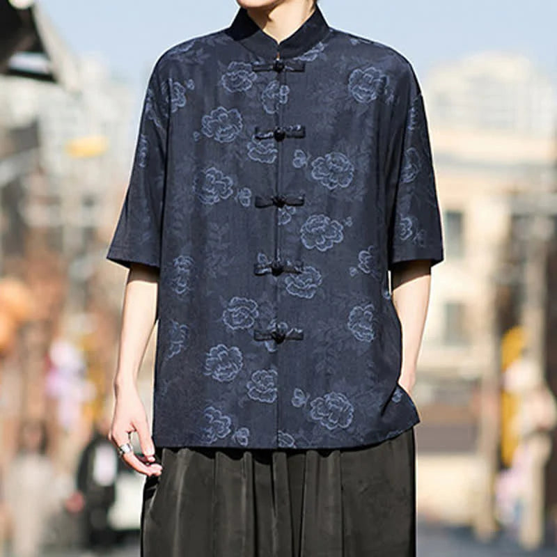 Buddha Stones Retro Frog Buttons Mandarin Collar Floral Jacquard Men's Short Sleeve Shirt
