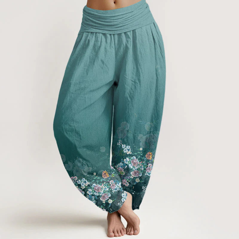 Buddha Stones Cotton Colorful Rose Flowers Design Women's Elastic Waist Harem Pants