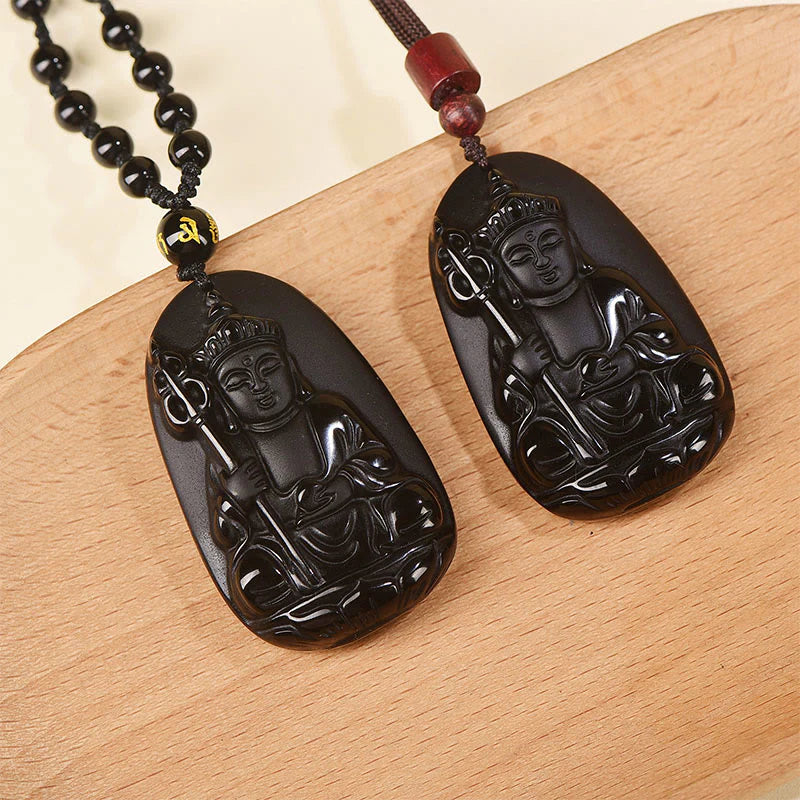 Buddha Stones Ksitigarbha Buddha Pattern Black Obsidian Fulfilment Necklace Pendant