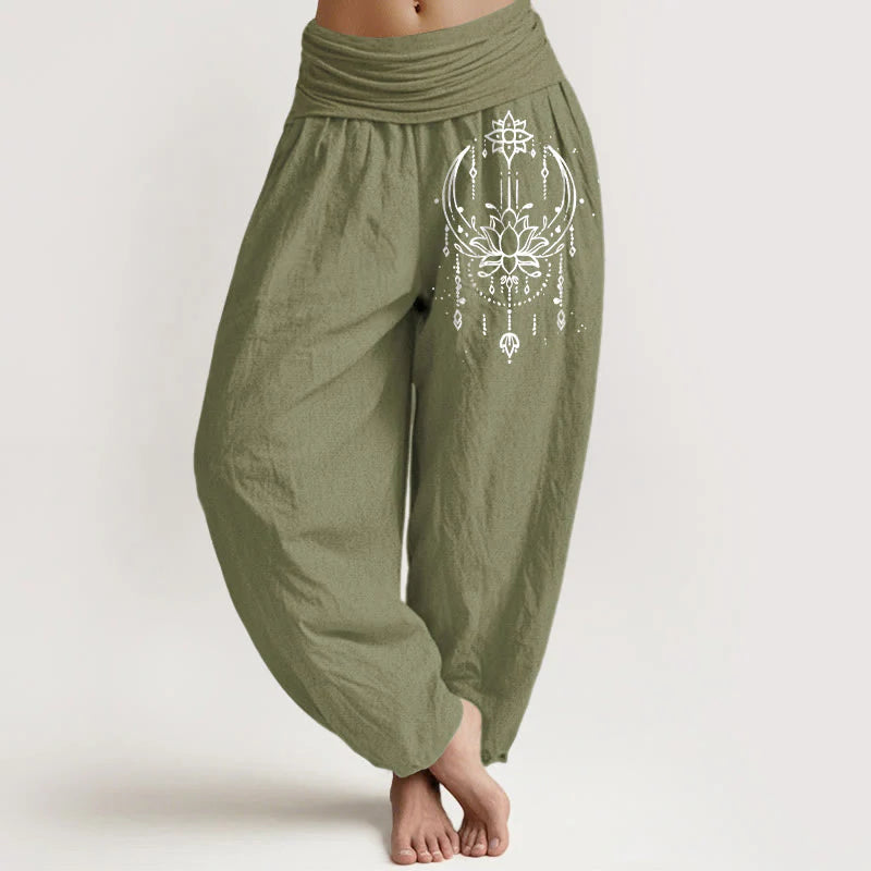 Buddha Stones Pure Cotton Elegant Lotus Pattern Women's Elastic Waist Harem Pants