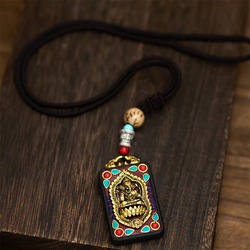 Buddha Stones Tibetan Ganesh Ganpati Elephant Ebony Wood Rope Peace Necklace Pendant
