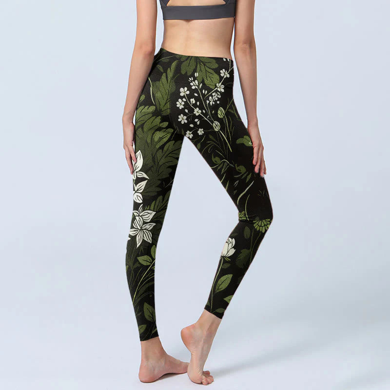 Buddha Stones Retro Flower Leaf Pattern Print Gym Leggings Women's Yoga Pants