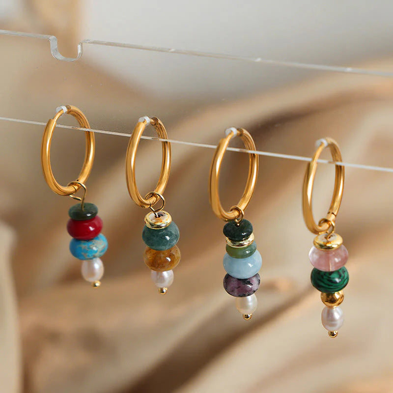 Buddha Stones Tibetan Marnyi Stone Design Natural Red Agate Pearl Confidence Titanium Steel Earrings