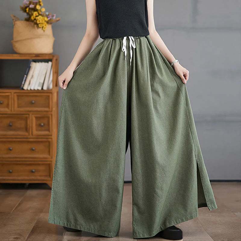 Buddha Stones Retro Leg Opening Slit Design Women's Wide Leg Pants With Pockets