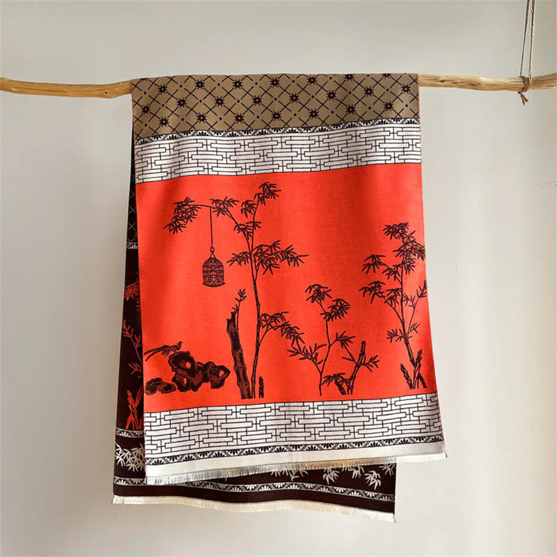 Buddha Stones Winter Bamboo Leaf Little Bird Pattern Cozy Scarf Shawl
