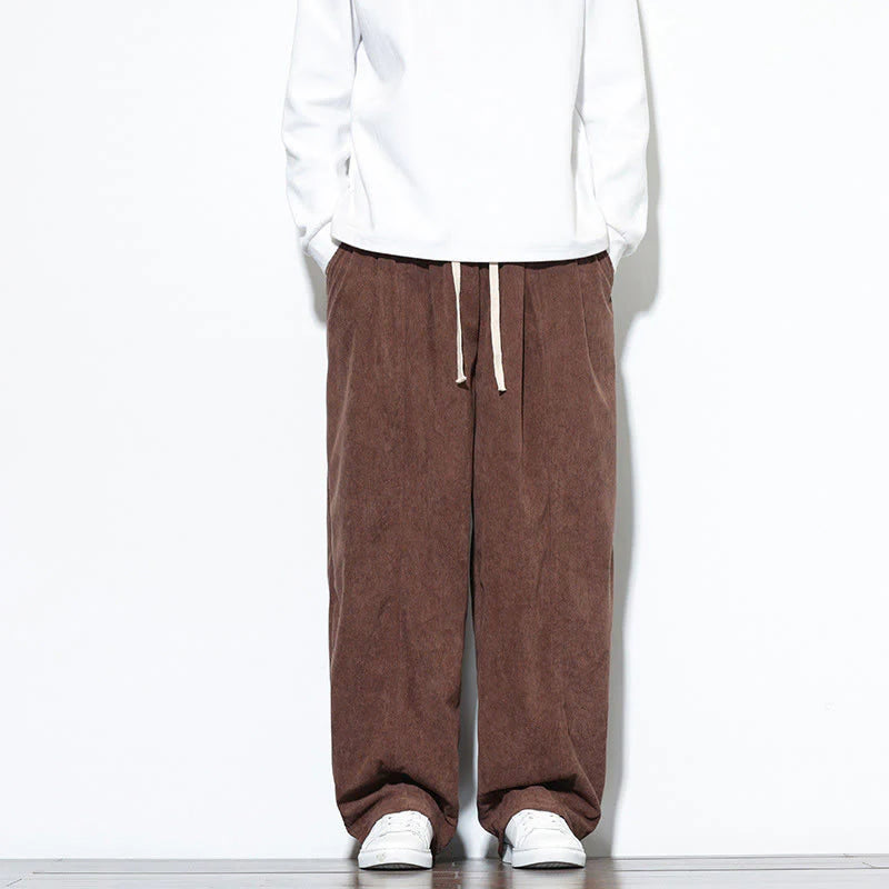 Buddha Stones Plain Drawstring Pure Cotton Corduroy Men's Harem Pants With Pockets