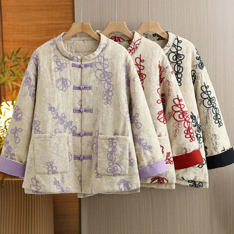 Buddha Stones Women's Winter Long Sleeve Stand Collar Frog-buttons Cotton-padded Jacket With Pockets