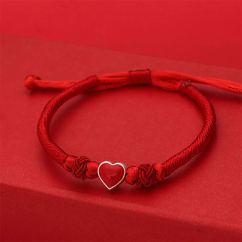 Buddha Stones 999 Sterling Silver 3D Heart Design Red String Connection Bracelet