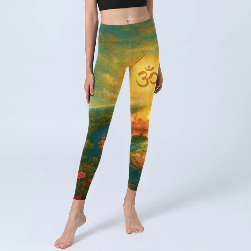 Buddha Stones Symmetrical Om Symbol Lotus Flower Small Flower Tree Cloud Pattern Print Gym Leggings Women's Yoga Pants